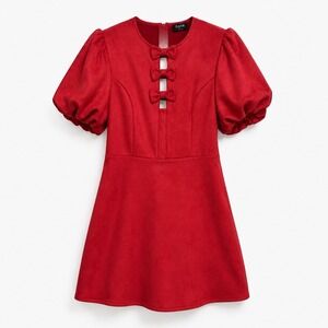 FATE Mini Dress Size M Red Bows Cutout Front Puff Bubble Sleeves Velvet Pockets